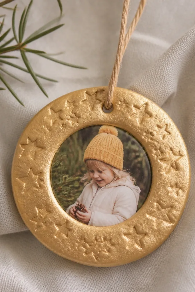 A small round salt-dough frame with a star texture pressed into the edges, painted light gold. A printed mini photo sits in the center, and a string loop is attached for hanging.