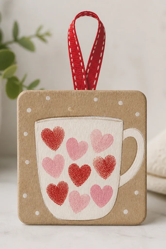 A small square craft tile or cardboard coaster decorated with a mug shape. Inside the mug are thumbprint hearts in pink and red, with tiny dots around it, and a ribbon loop on top.