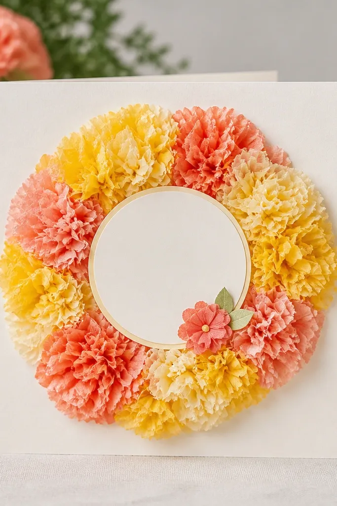 A card front showing a wreath made of tissue paper flower blobs in shades of yellow and coral. A circular greeting area sits in the middle, with a small “Mom” label.