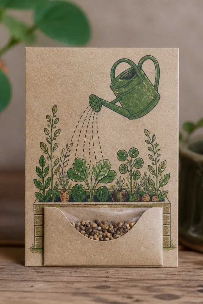 A small seed packet-style card made from recycled cardboard. It has a drawn garden bed, a hand-drawn watering can, and a pocket holding tiny seeds. The colors are green and tan with simple marker lines.