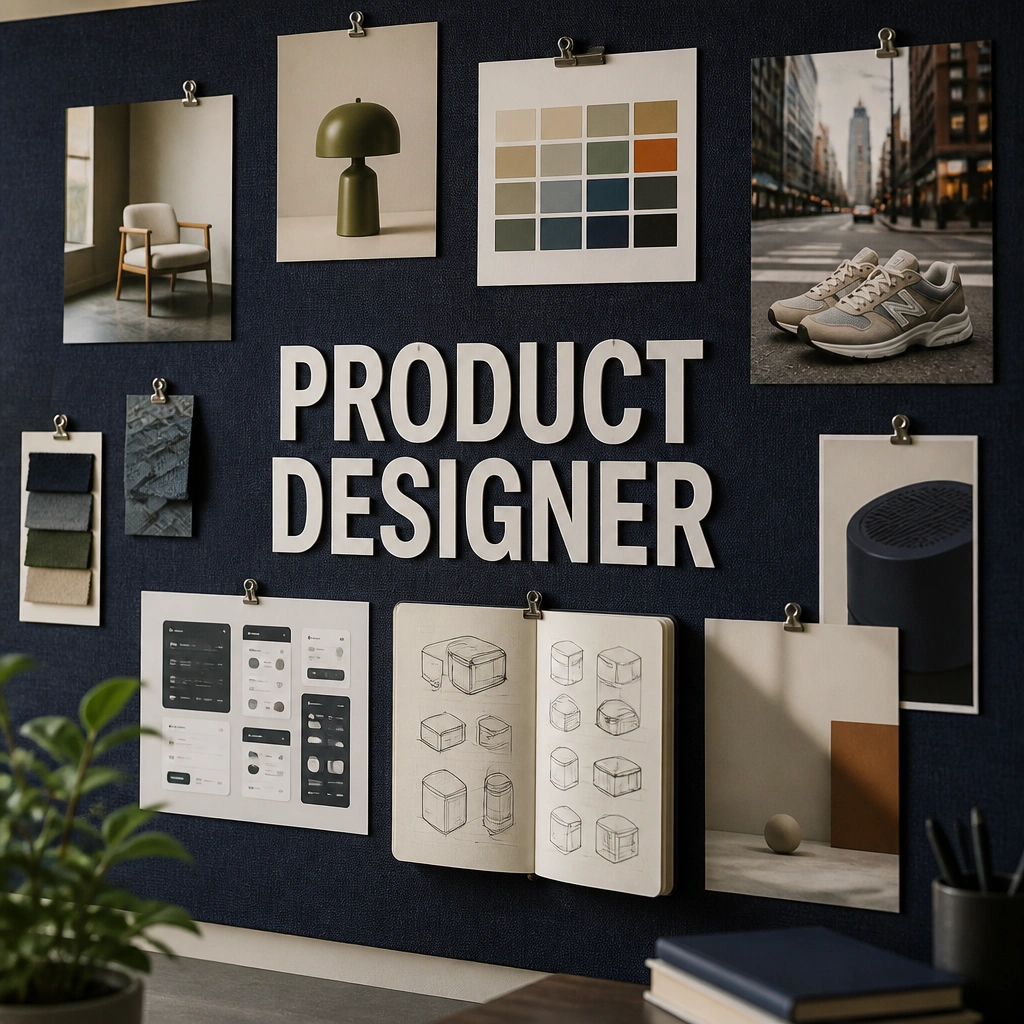 A navy fabric pinboard where a large headline says “PRODUCT DESIGNER” in white block letters. Around it are clipped magazine-style images: color swatches, UI screens, a sketchbook page, and a pair of sneakers by a city street.