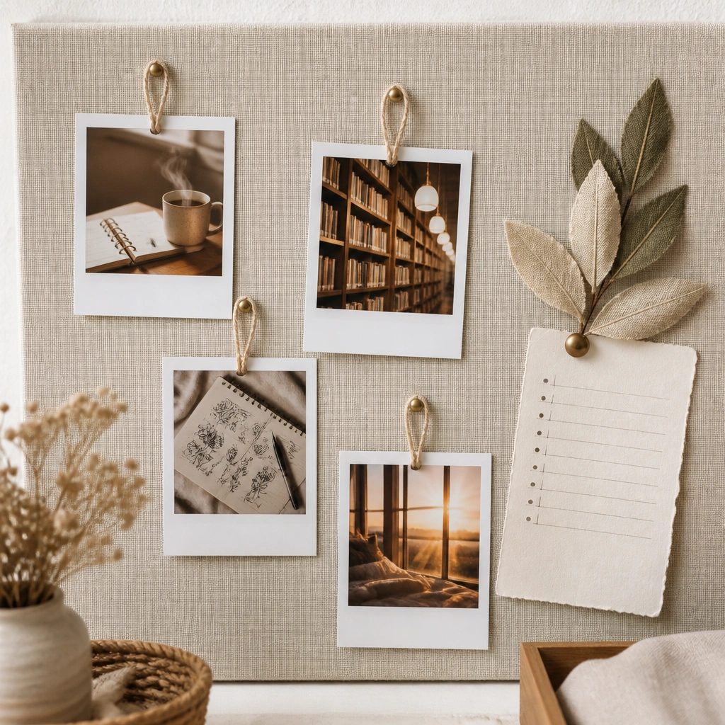 A light beige linen board with small polaroid prints: a steaming mug beside a planner, a library shelf, a notebook with doodles, and a sunrise window. Twine loops hold photos; tiny fabric leaves are pinned near a goals list.