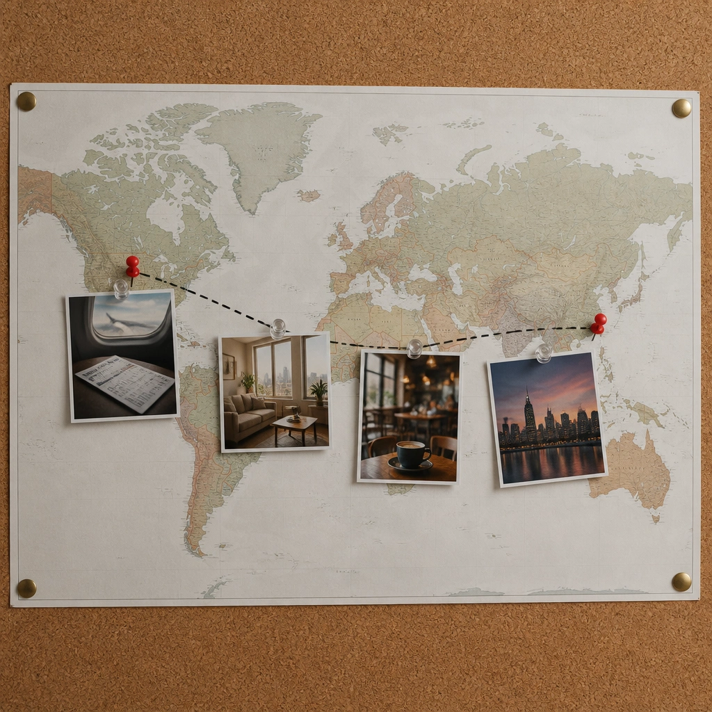 A corkboard with a printed world map background. A dotted line connects two city pins with tiny pushpins. Along the line are photos: airport boarding pass, apartment interior, coffee shop, and a skyline at dusk.