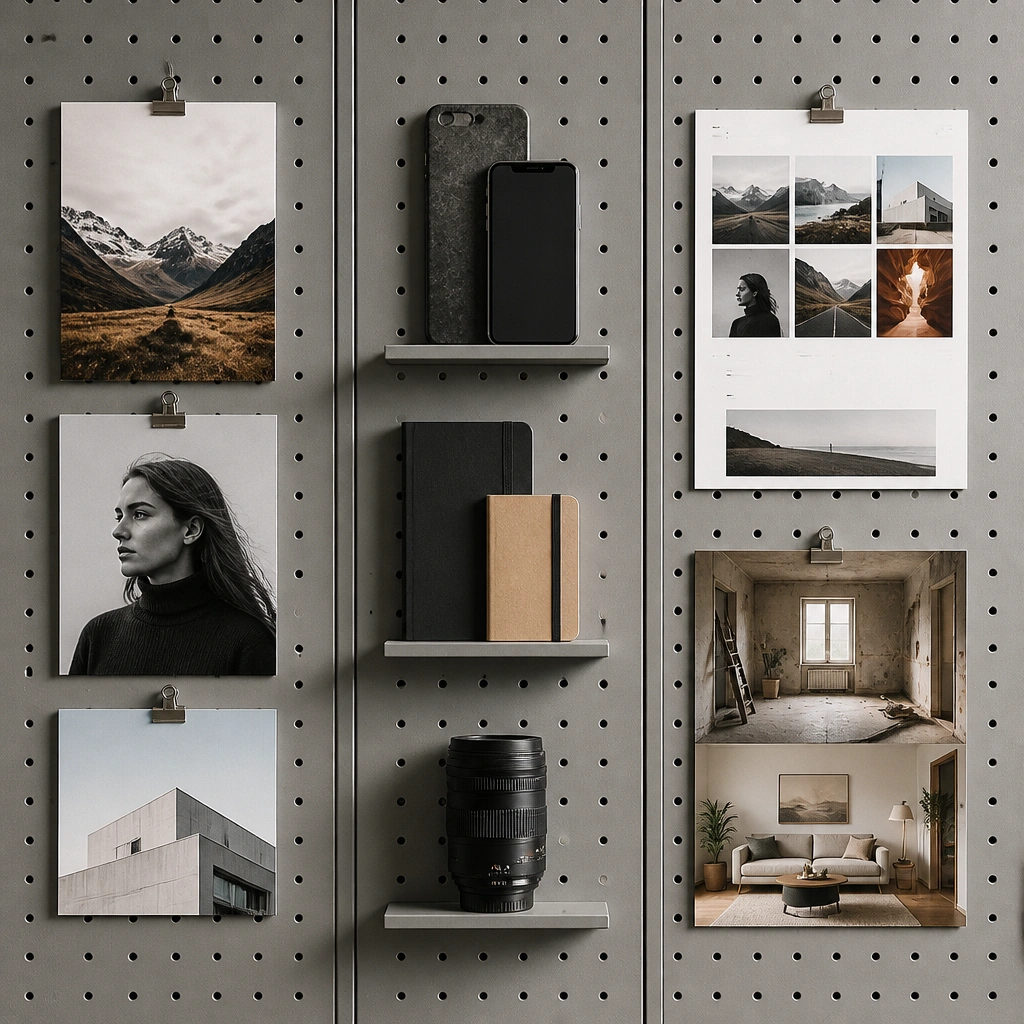 A gray pegboard-style layout with three vertical columns. Column one shows printed course thumbnails, column two shows tools (mockups, notebooks, camera lens), and column three shows “proof” items like a portfolio screenshot and a before/after project photo.