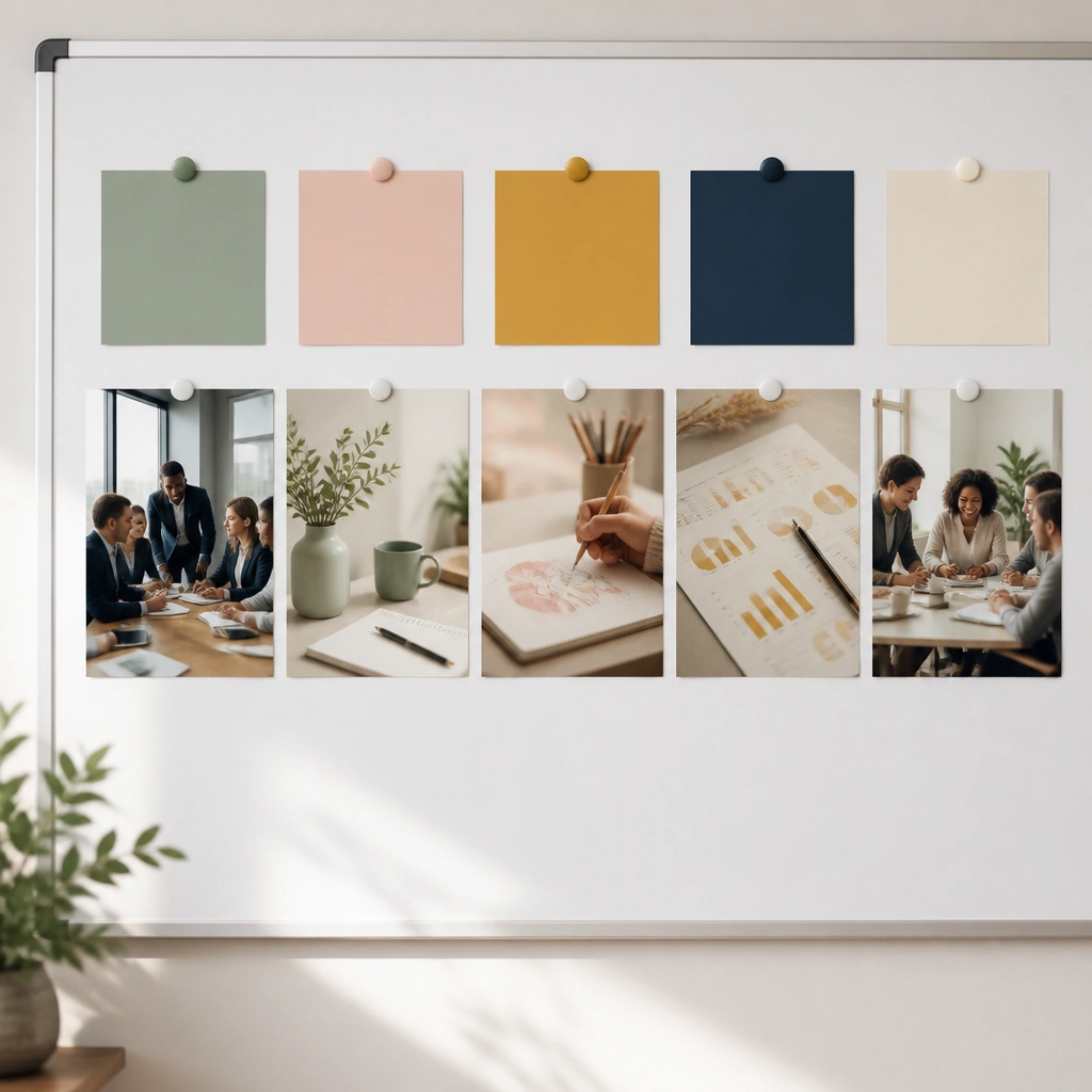 A whiteboard with five color swatches at the top (sage, blush, mustard, navy, cream). Under each swatch are photos: leadership meeting (navy), calm focus desk (sage), creativity sketch (blush), analytics charts (mustard), and team collaboration (cream).