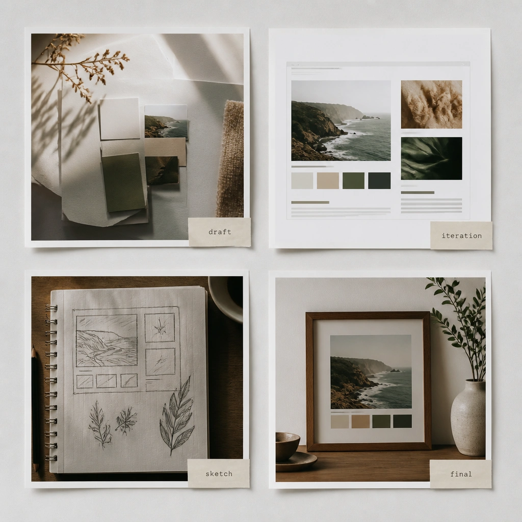 A grid of printed mini images like a social feed: mockup thumbnails, a short case study screenshot, a sketch page, and a finished project photo. Each tile has a tiny caption sticker like “draft,” “iteration,” and “final.”