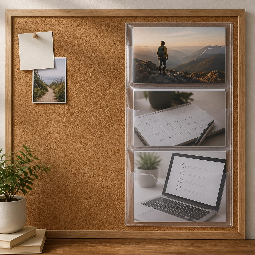A corkboard with a clear pocket folder section on the right. Inside are three transparent pockets labeled “This Week,” “Next Week,” and “In 30 Days.” Behind the pockets are photos of a goal role, a calendar page, and a laptop with a checklist.