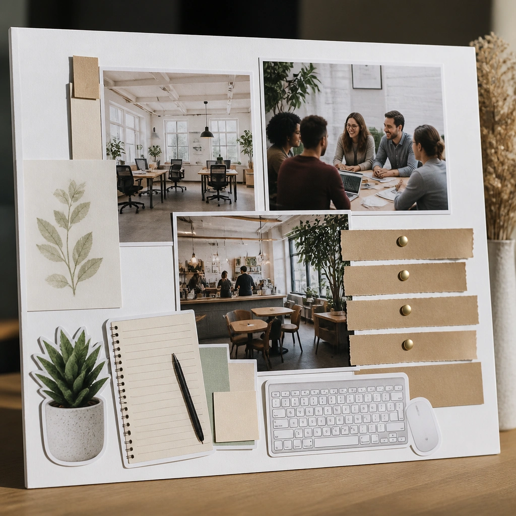 A foam board display with layered depth. In front are tiny cutouts of desk items (keyboard, notebook, sticky notes), and behind them are photos of an office, a team meeting, and a coffee shop. A small “values” section is written on kraft paper strips.