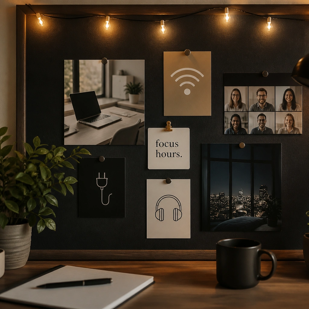 A dark charcoal board with warm string lights and printed tech icons. Photos show a laptop on a desk, a video call grid, a houseplant, and a night city window. A small sign reads “focus hours.”