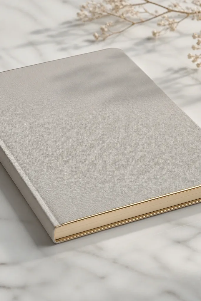 The top edge and fore edge of a notebook are outlined with a thin metallic gold line, with clean straight borders created by tape.