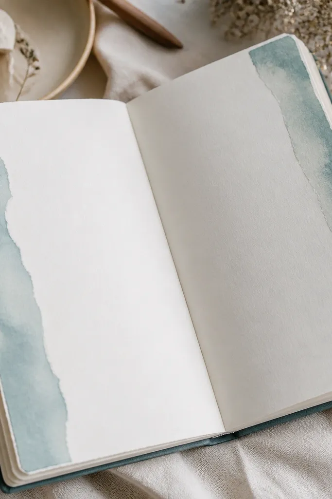 Diary pages show a watery-looking border strip along the sides, made from torn tissue paper with soft, blended edges.