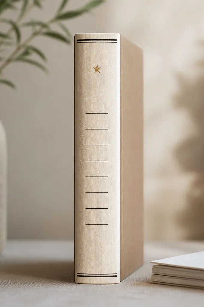 A notebook spine covered with a cream label strip, with small black printed text and a tiny gold star icon near the top.