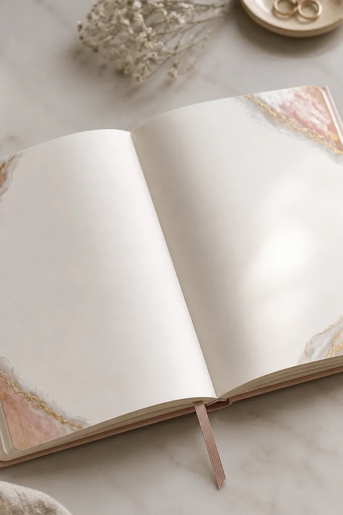 Diary pages have marbled corner accents in pale pink, white, and muted gold, like a small abstract artwork in each corner.