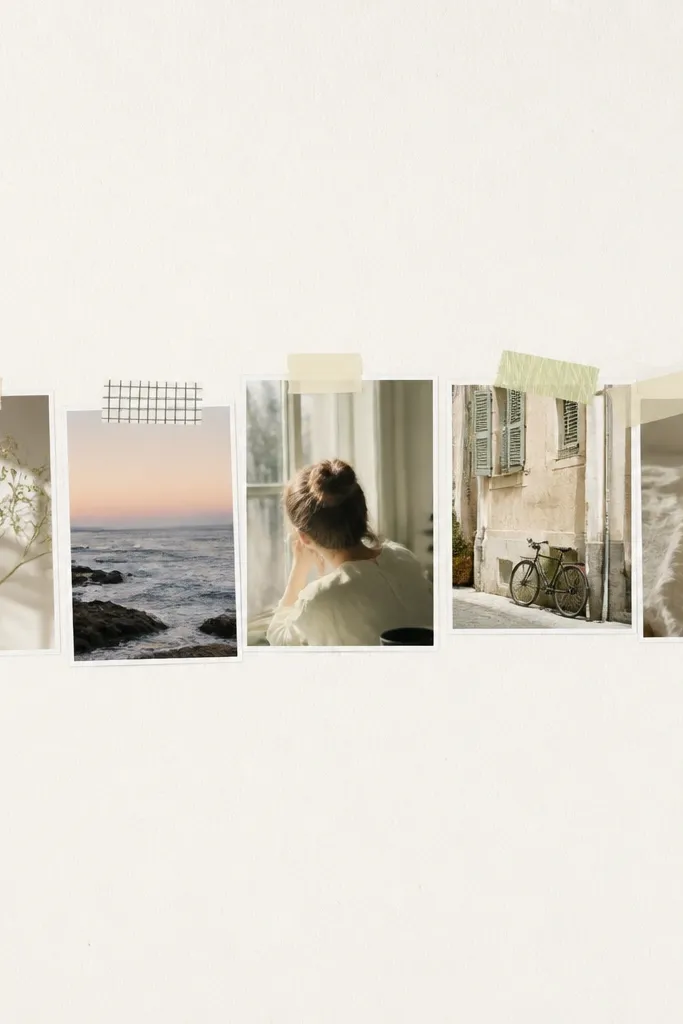 A horizontal strip collage of small photos taped into the center of a page, with thin washi tape strips and one small star sticker on the top right.
