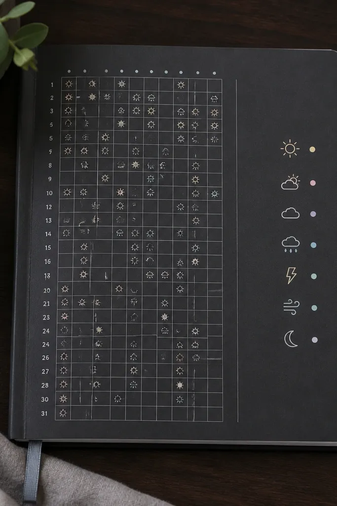 A mood tracker page with a grid on a dark charcoal background, tiny icons in pale colors, and a clean legend at the side.
