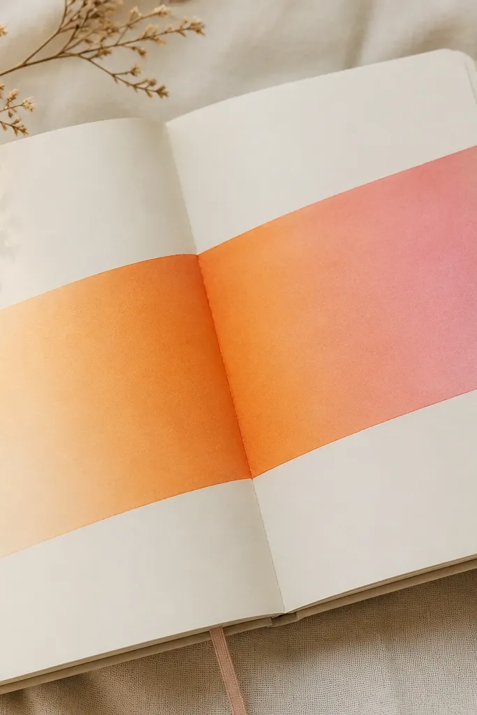 A diary page shows a sunset gradient across the middle with crisp diagonal tape edges, fading from warm orange to soft pink.