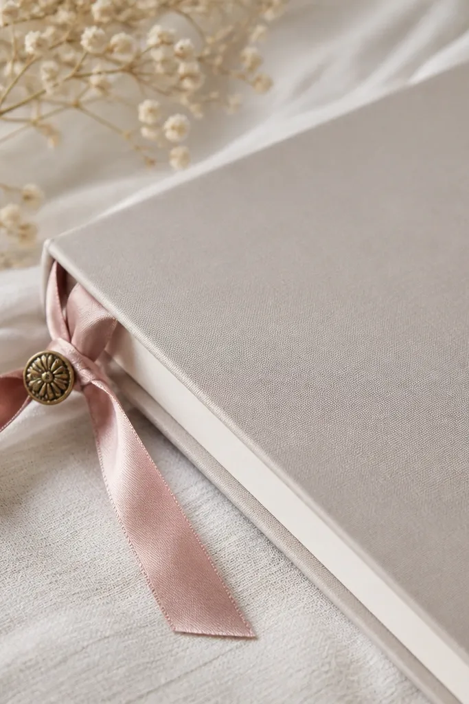 A notebook with a satin ribbon bookmark tied to the spine, featuring a small vintage-style button near the knot.