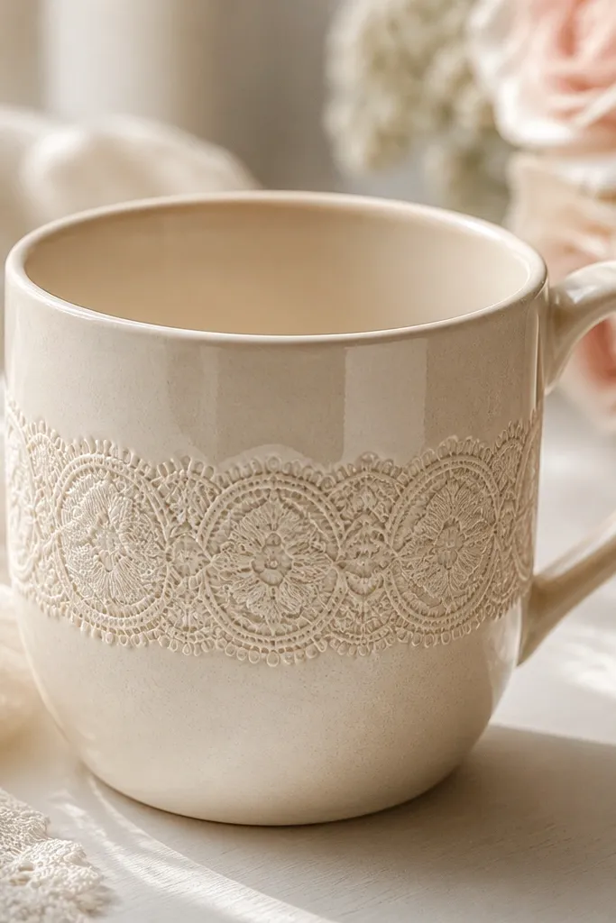 A beige/cream mug with a romantic lace band across the middle, slightly textured, sealed with a smooth glossy coat.