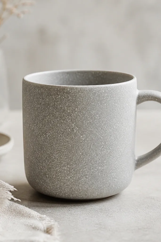 A light gray mug with tiny white speckles and a slightly matte, stone-like texture across the surface.