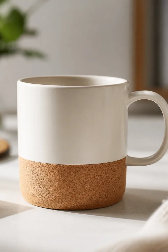 A mug with a textured cork wrap around the bottom third, like a mini coaster design, with a clean top edge.