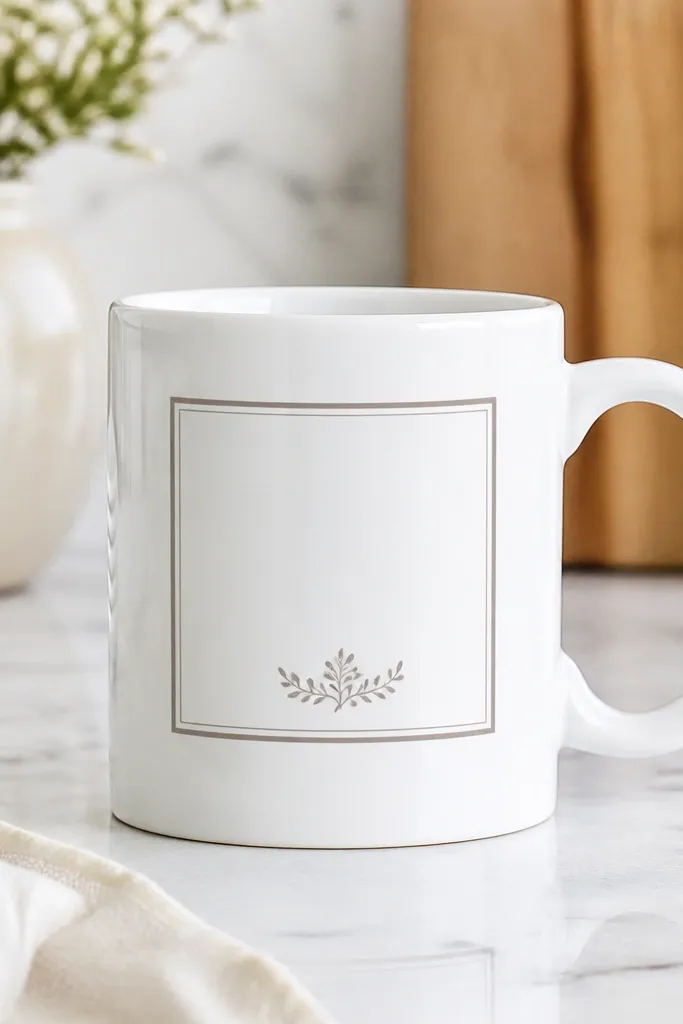 A white mug with a clean label-style rectangle and small script text, like a pantry label, with crisp edges.