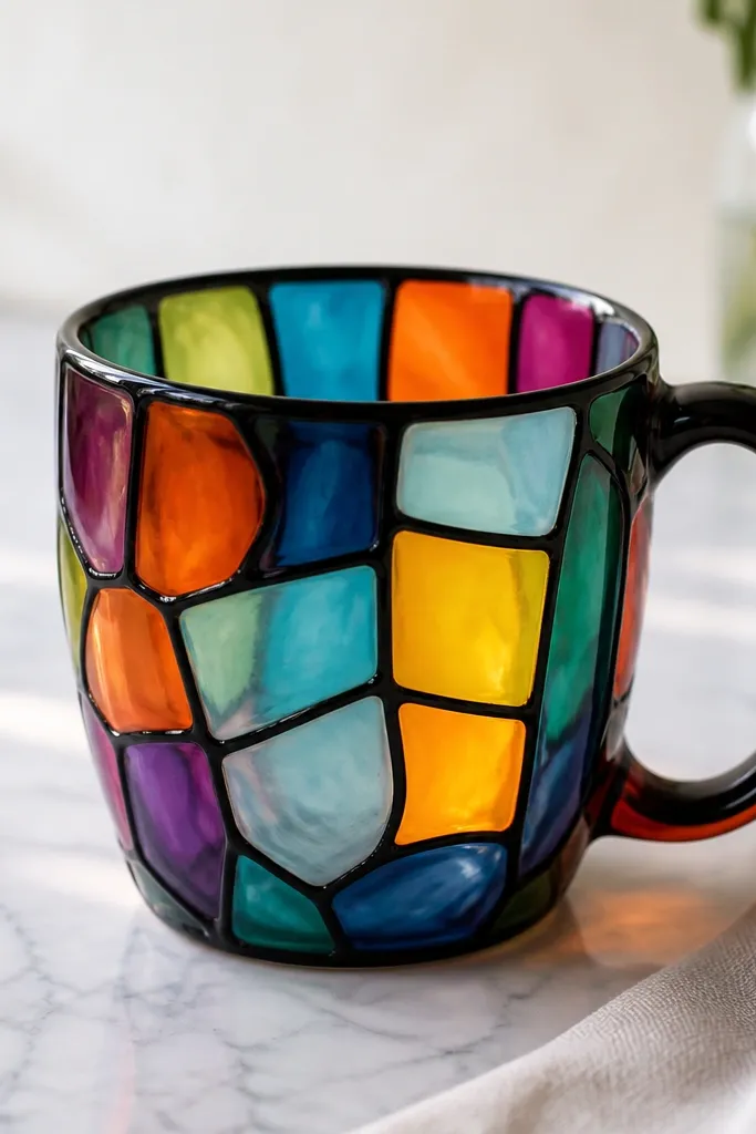A mug with translucent-looking colored panels outlined in black marker, like stained glass, with a glossy finish.