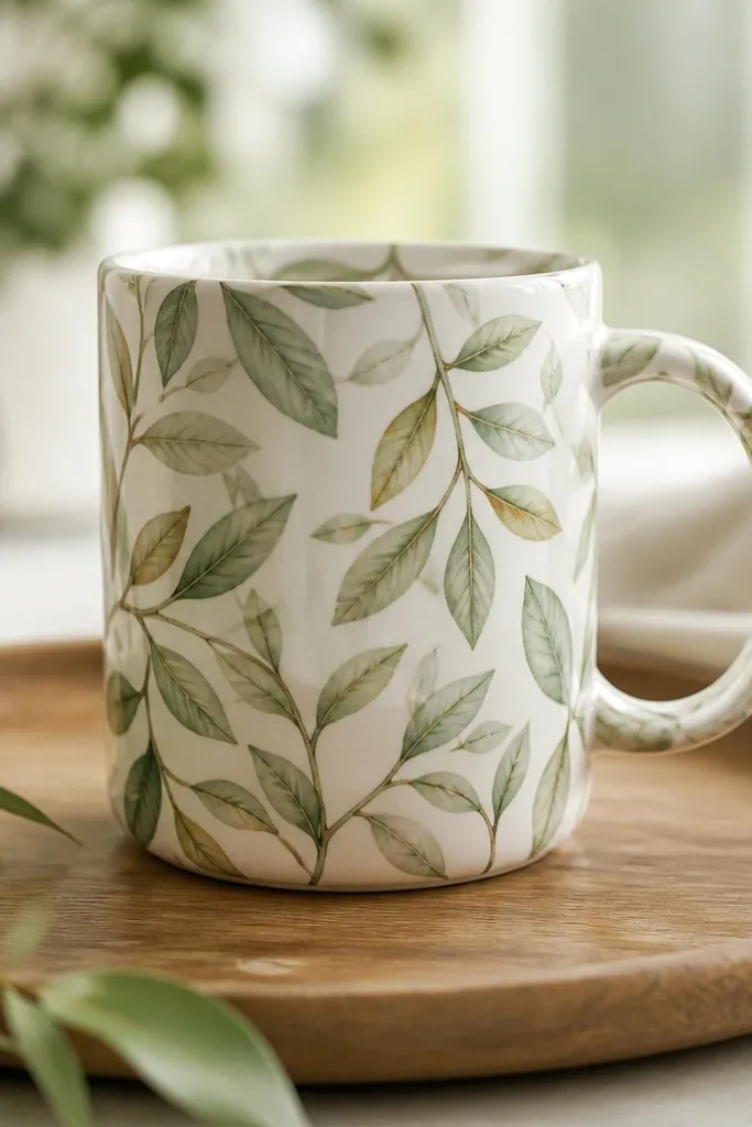 A mug covered in delicate botanical prints, with a cohesive repeating leaf pattern, sealed and glossy.