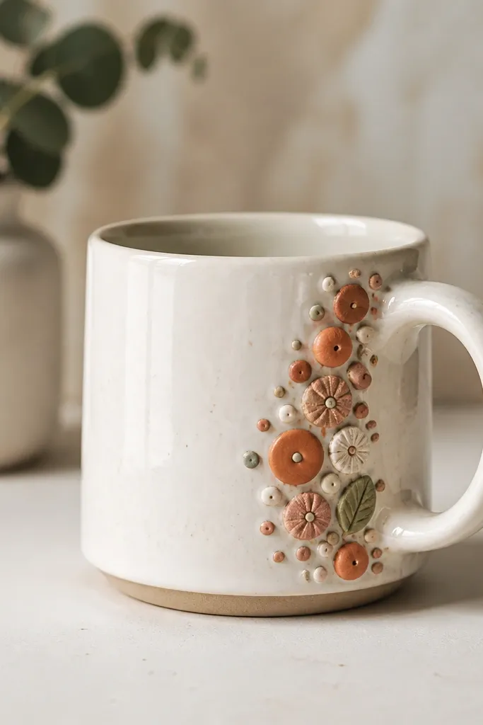A mug with tiny polymer clay dots and mini shapes clustered near the handle, with a glossy finish and clean edges.