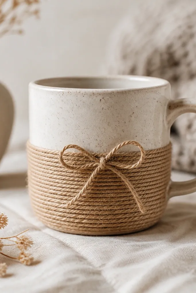 A mug with soft twine wrapped around the lower half and a small bow near the center, textured and warm-toned.