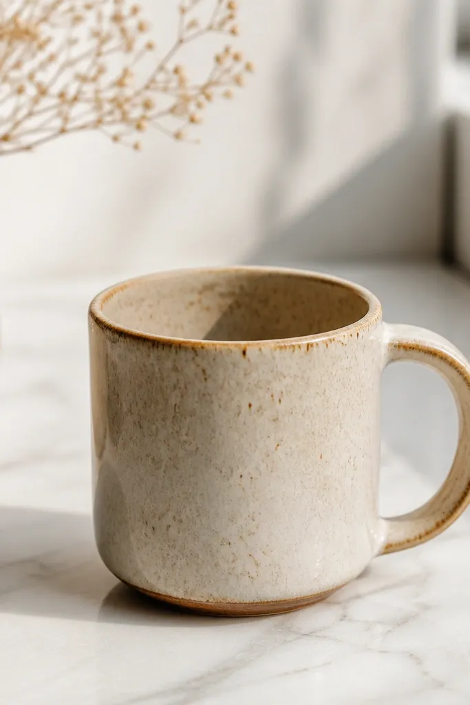 A white mug with a warm brown, lightly speckled wash effect, like aged ceramic, sealed with a soft sheen.