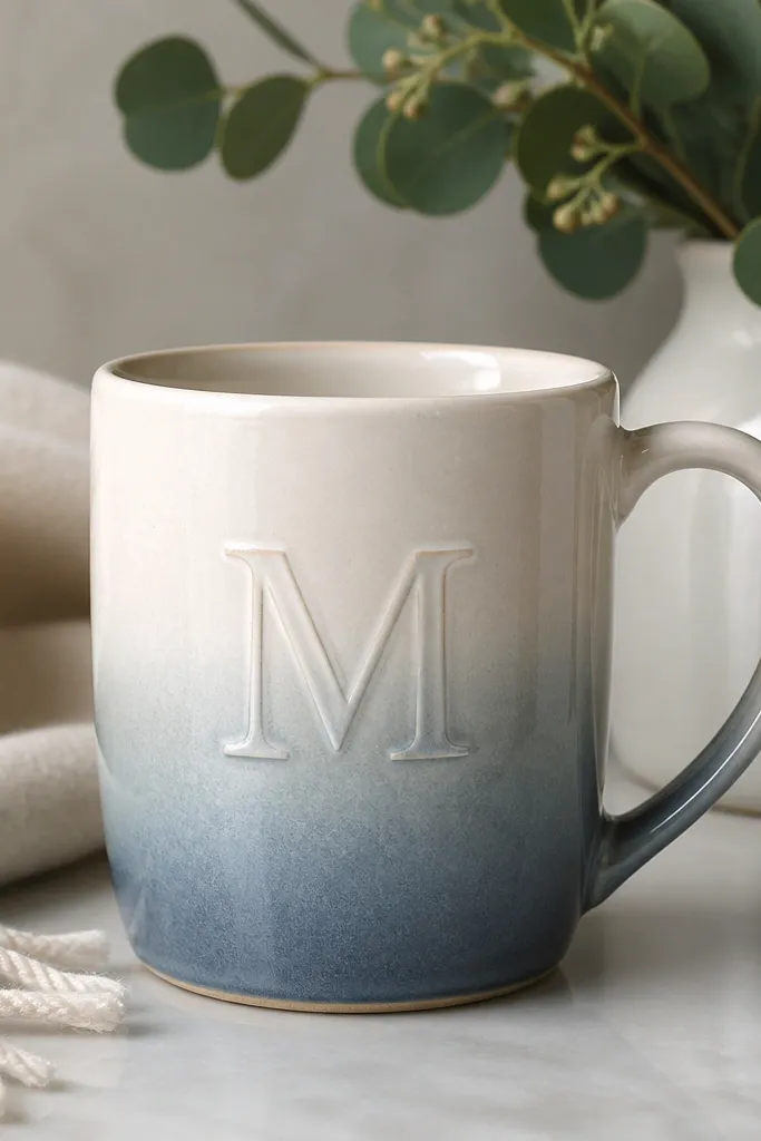 A mug with a monogram letter in the center and a faded gradient wash from top to bottom, sealed glossy.