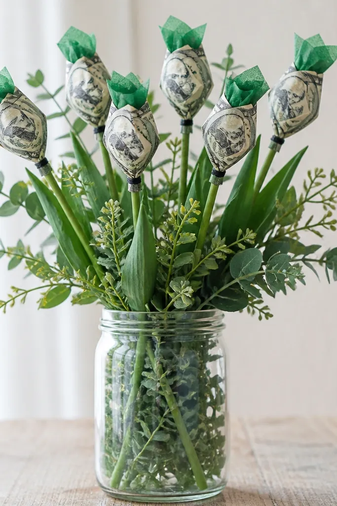 A clear mason jar filled with faux greenery; several tulip-like stems hold folded bills shaped like tulip buds, tied with small black twist ties and topped with green tissue paper.