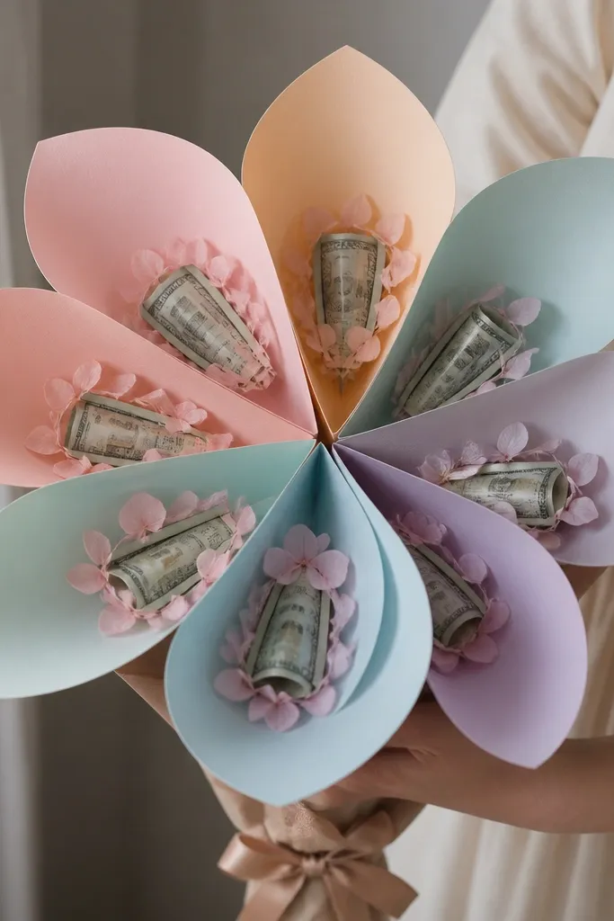A handheld bouquet of 8 large pastel cardstock petals fanned out around small folded bills; each bill is centered with a dab of glue and surrounded by a ring of petals.