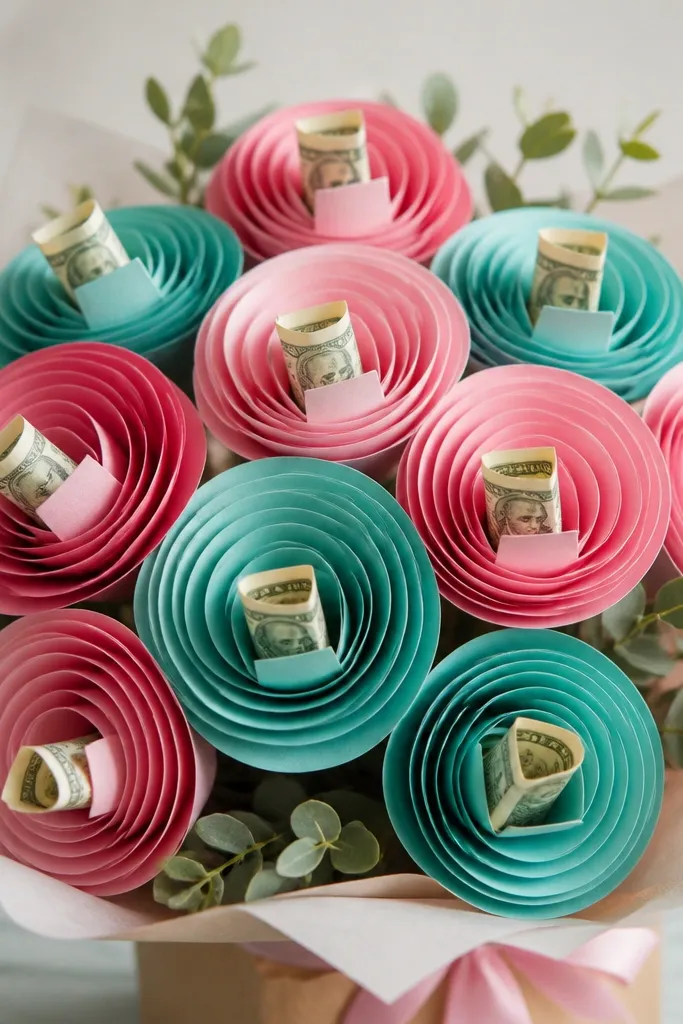 A bouquet of rosette paper flowers in pink and teal; each rosette has a folded bill tucked into a small center pocket made from paper tabs.