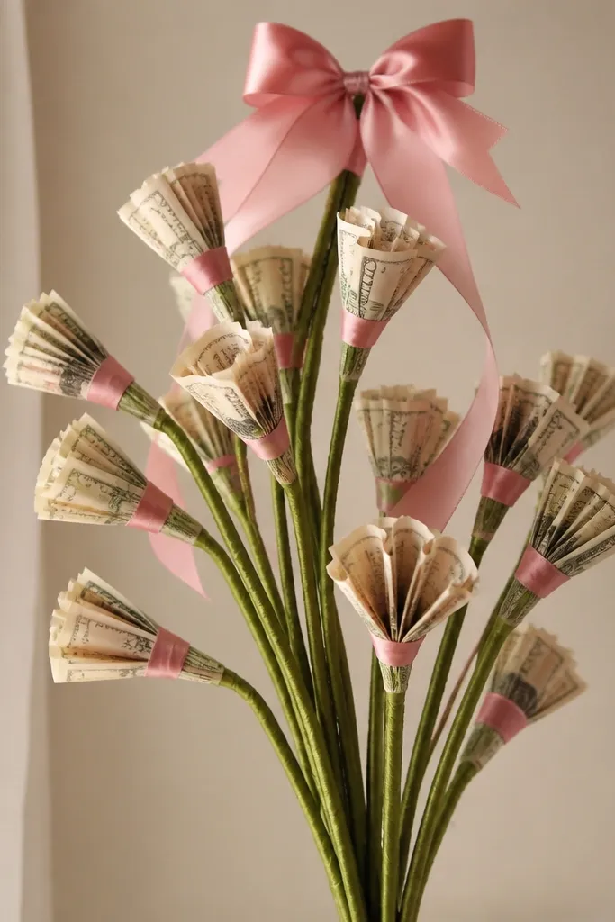 Green craft stems wrapped in shiny ribbon; small folded bills are wrapped with thin ribbon bands and arranged like blossoms, with a bow at the top.