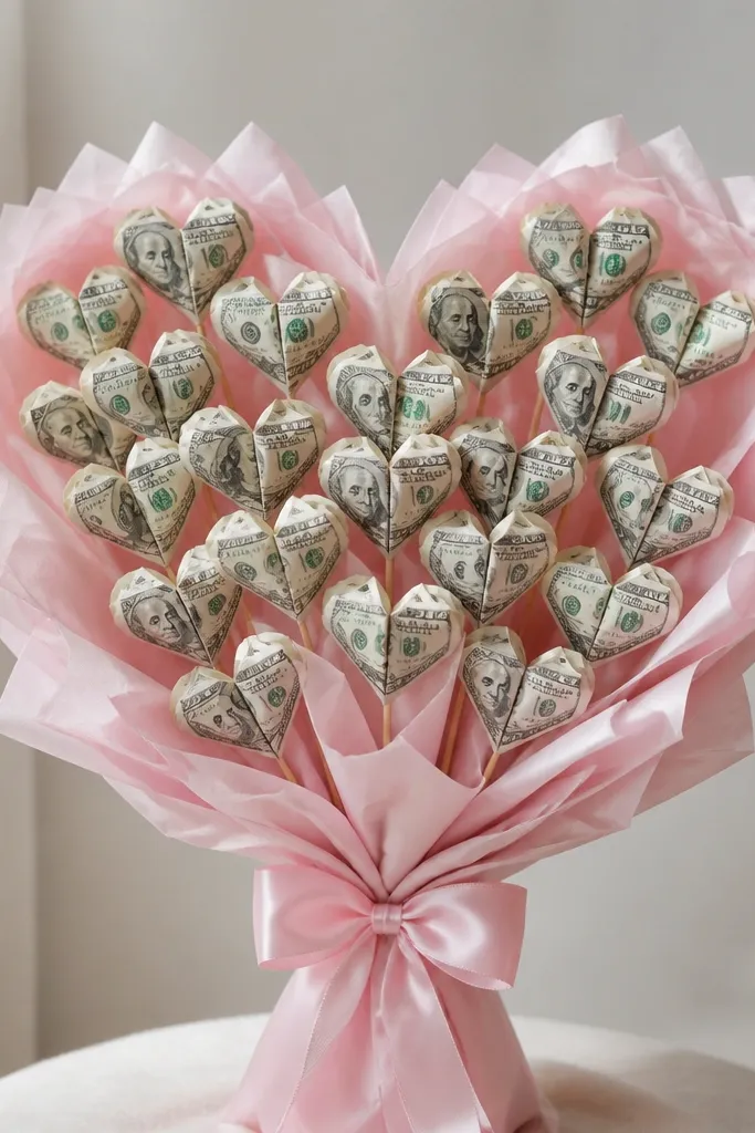 A heart-shaped arrangement where multiple folded bill hearts sit on thin sticks; the hearts are colored with soft pink tissue paper around them and tied with pale pink ribbon.