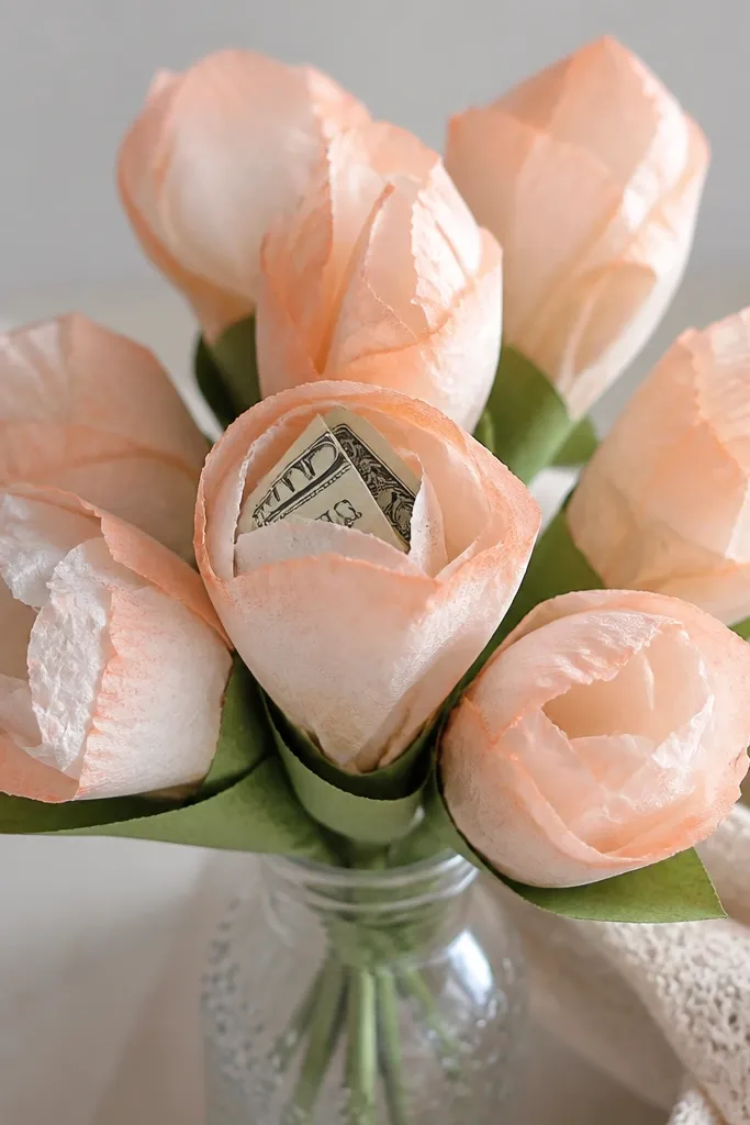 White coffee filters dyed light peach at the edges, layered into small buds; a folded bill peeks out from the center like a hidden treasure.