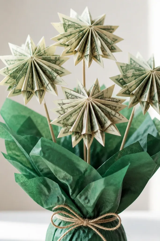 A bouquet of crisp starburst paper shapes made from folded bills; each starburst is on a wooden skewer, with green tissue paper frills around the base.