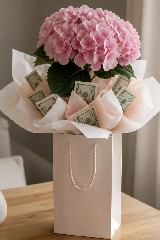 A bouquet built from a single cheap flower cluster inside a tall gift bag; bills are tucked into tissue paper pockets around the stems.