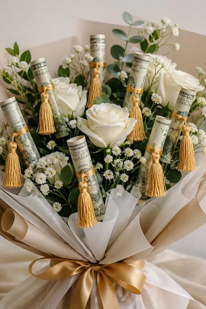 A graduation-themed bouquet with small folded bills tied like diploma scrolls; thin tassels made from yarn hang from each stem and are wrapped with gold ribbon.