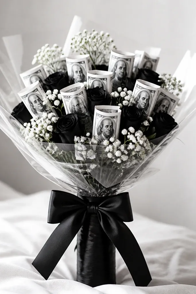 A black-and-white bouquet where bills are folded into uniform rectangles; stems are wrapped in black ribbon and the whole bouquet is wrapped in clear cellophane with a bow.
