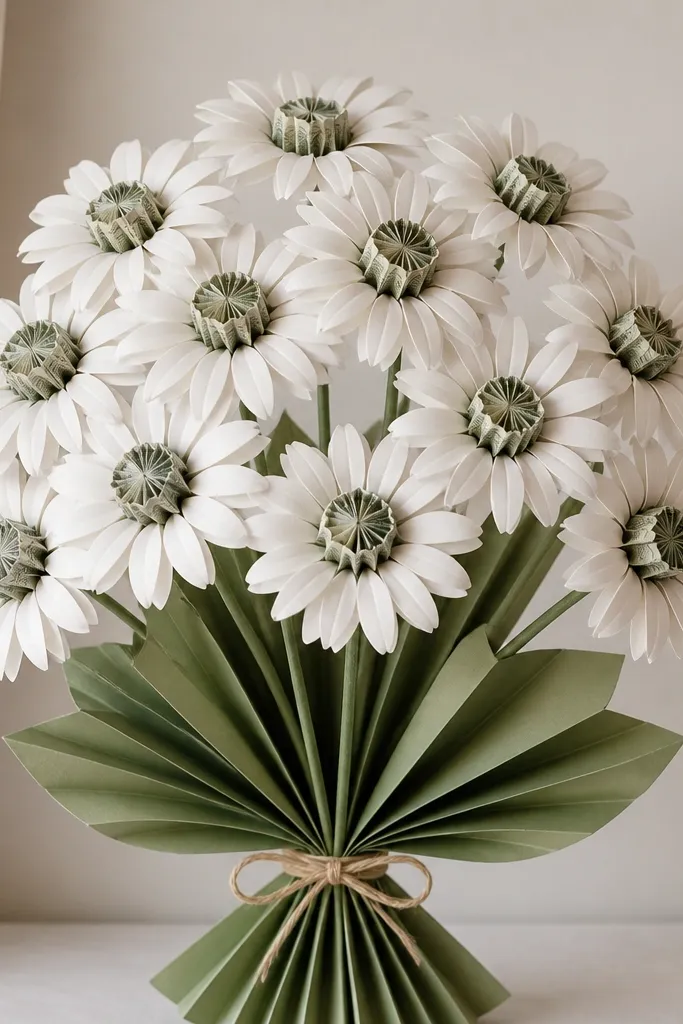 A daisy-style bouquet where each bill is folded into a small flower center and surrounded by paper daisy petals; a paper leaf base fans out under the stems.