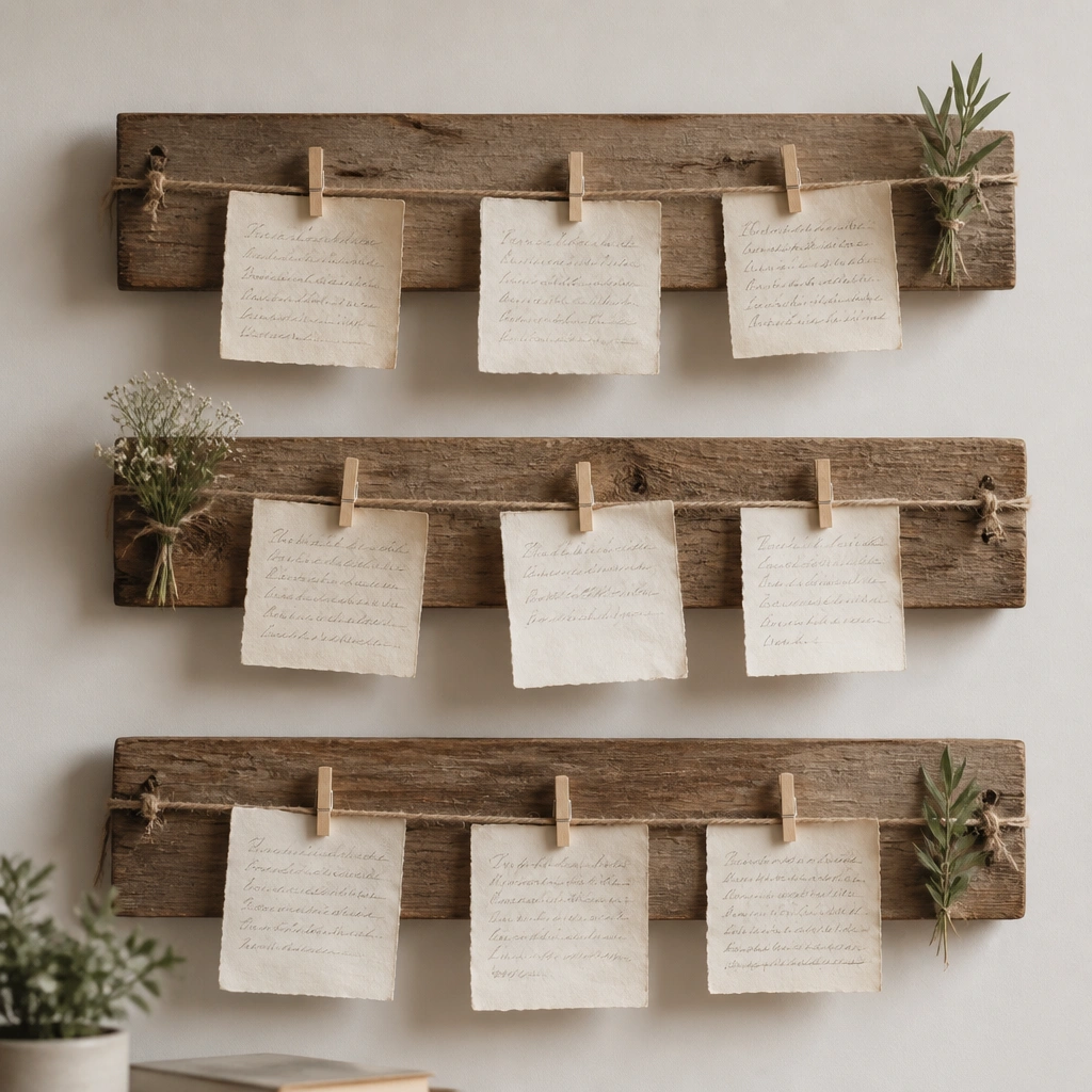 Three rustic wood slats mounted horizontally with space between them. Small clothespins clip handwritten prayer notes onto twine stretched across the slats.