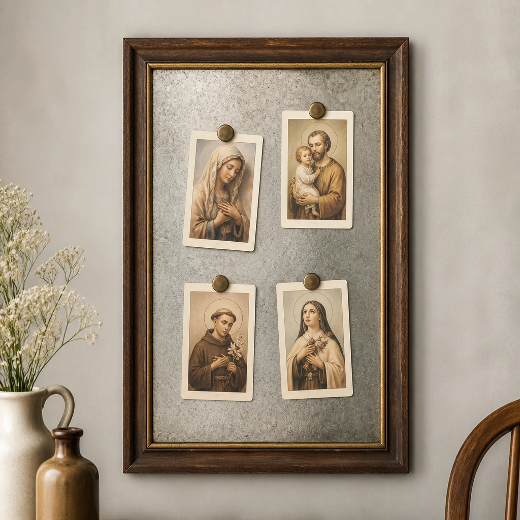 A thin metal cookie sheet bordered by a picture frame. Small magnets hold prayer cards. The frame makes it look like a real wall art piece.