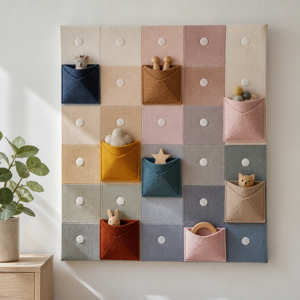 A stretched canvas hung on the wall with a grid of fabric squares. Each square has Velcro dots. Small pocket envelopes made from felt attach to the grid.