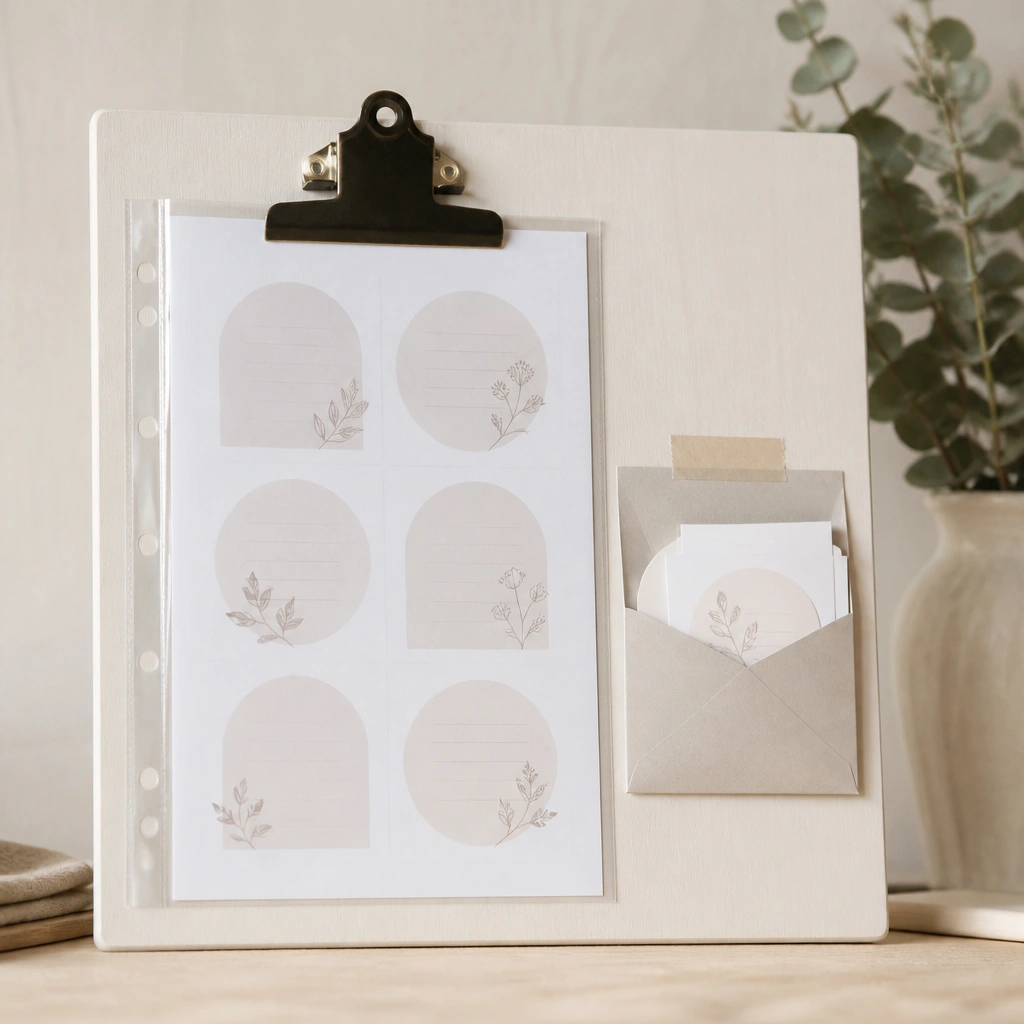 A wooden clipboard painted in a soft neutral color. A sheet protector holds printed prayer prompts. A small pocket envelope is taped to the side for extra cards.