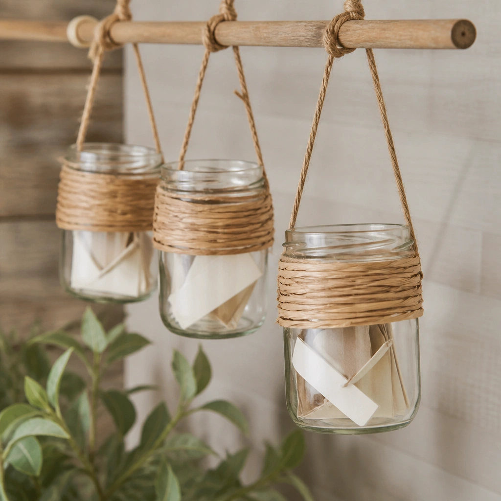 Two to three small mason jars hanging from a wooden dowel with twine. Each jar has a straw label and a folded prayer slip inside. Cards are visible through the glass.