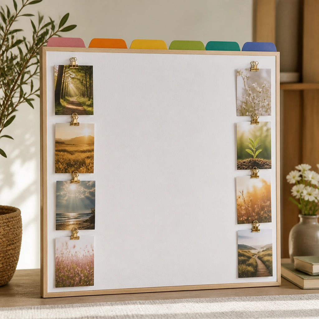 A white foam board mounted on a frame. Colorful laminated tabs line the top with category names. Prayer cards are held by mini binder clips along the sides.