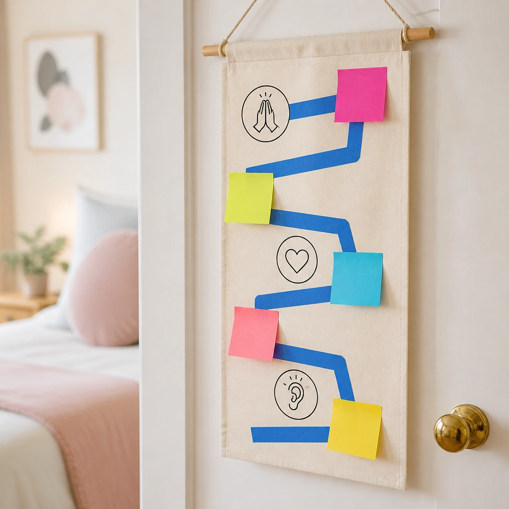 A door-hanging fabric board with a “path” made from painter’s tape. Bright sticky notes are placed along the path. Small icons mark each step: pray, thank, listen.