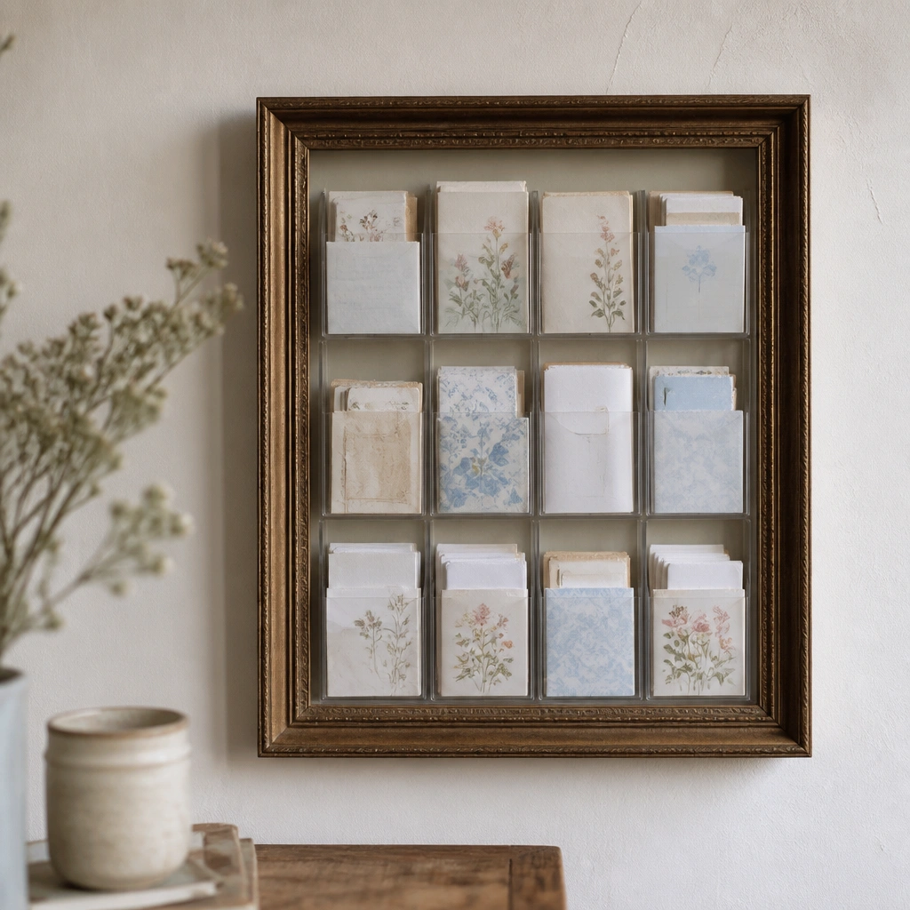 A thrifted frame with clear plastic organizer compartments inside. Each compartment holds folded prayer slips and small cards. The frame makes it look like wall decor.